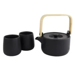 Orange85 Theepot Zwart Warmtehoudend 50cl Met 2 Kopjes Aardewerk Bamboe