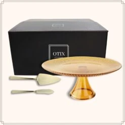 OTIX Taartplateau Met Taartschep Goud Met Voet 28cm Amber Kleur Glas -Bestekwinkel 1f56b7ef959245aeb057bad9e2cf5449