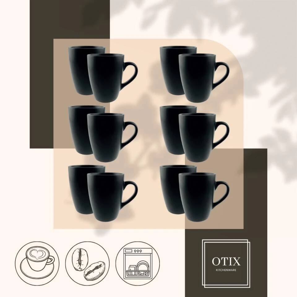 OTIX Koffiekopjes Met Oor Koffietassen Set Van 12 Mat Zwart 340ml 7 OTIX Koffiekopjes Met Oor Koffietassen Set Van 12 Mat Zwart 340ml - Afbeelding 5